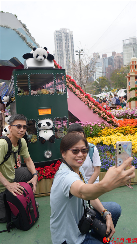 人们在香港元素的园林造景前留影。人民网 严小晶摄