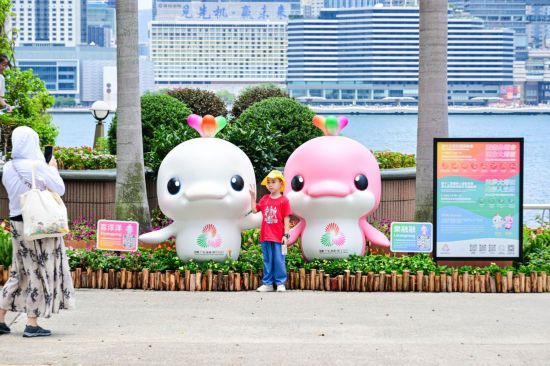 图为一名儿童在香港金紫荆广场的第十五届全国运动会吉祥物旁留影。新华社记者 朱炜 摄